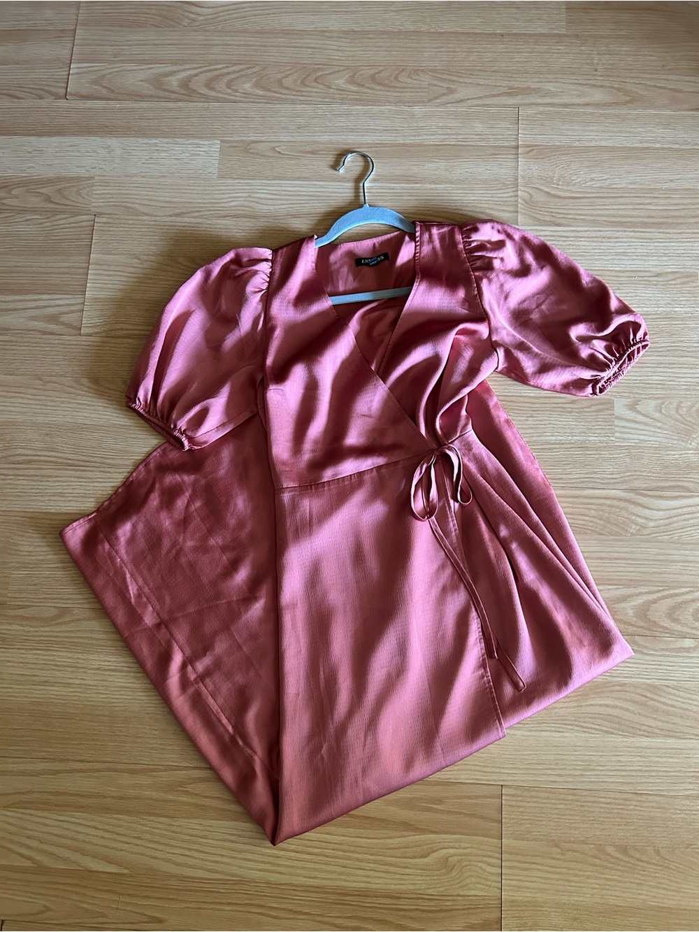 Express Mauve Pink Satin Puff Sleeve Belted Wrap Maxi Dress XS